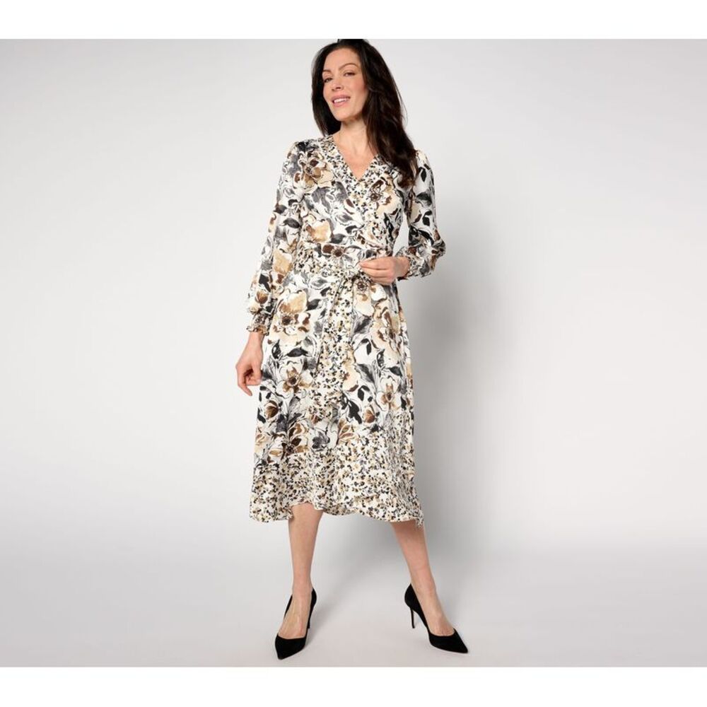 Splendid Women's Petite Dress 8P Floral Printed Faux Wrap Midi White